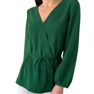 J Crew forest green wrap tie front long sleeve blouse